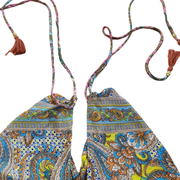 Kasturi Vintage Silk Dress Tassle Open Back Halter Paisley Boho Made in India - Picture 3 of 9